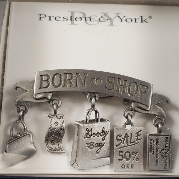 JJ Jonette Jewelry "BORN TO SHOP" Dangle Novelty Charms Pewter Brooch Pin NIB - Picture 4 of 8